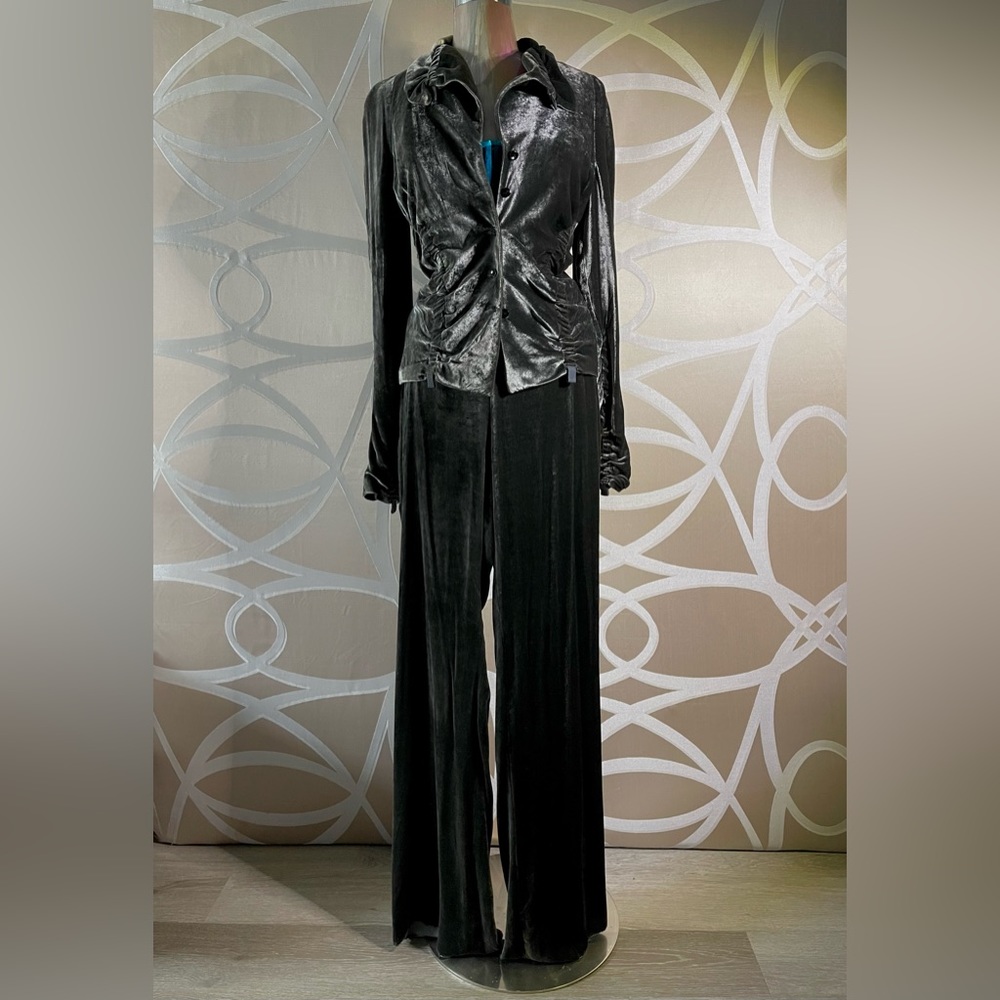 Zenobia Womens Velvet Pewter Suit: Victorian Style Jacket and Pajama Style Pants